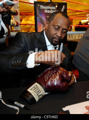 Feb. 18, 2012 - Las Vegas, Nevada, US -  Retired boxer THOMAS HEARNS signs a boxing glove during a meet and greet session at the MGM Grand Hotel on Saturday, Feb. 18, 2012 in Las Vegas, Nevada. Hearns along with other retired boxers greeted boxing fans at the MGM in conjunction with the Keep Memory  Stock Photo