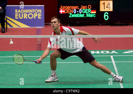 AMSTERDAM, THE NETHERLANDS, 19/02/2012. Badminton player Jan Ø. Jørgensen (Denmark, pictured) wins his match against Marc Zwiebler (Germany) in the finals of the European Team Championships Badminton 2012 in Amsterdam. Stock Photo