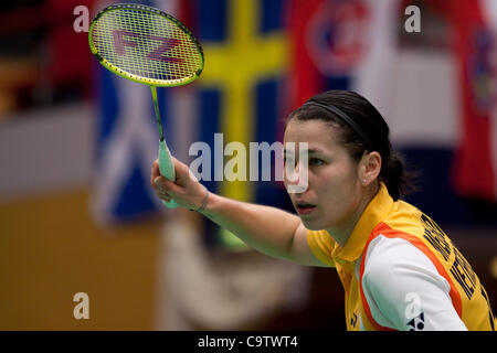 AMSTERDAM, THE NETHERLANDS, 19/02/2012. Badminton player Judith Meulendijks (the Netherlands, pictured) wins her match against Anastasia Prokopenko (Russia) in the finals of the European Team Championships Badminton 2012 in Amsterdam. Stock Photo