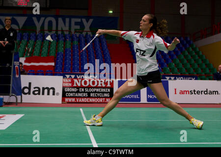 AMSTERDAM, THE NETHERLANDS, 19/02/2012. Badminton player Tine Baun (Denmark, pictured) wins her match against Juliana Schenk (Germany) in the finals of the European Team Championships Badminton 2012 in Amsterdam. Stock Photo