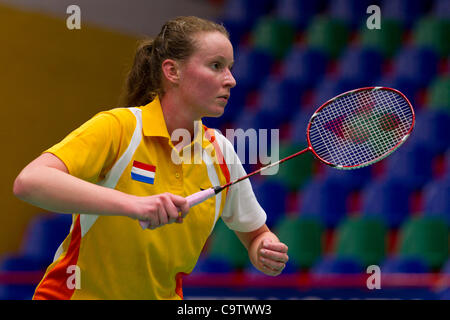 AMSTERDAM, THE NETHERLANDS, 19/02/2012. Badminton player Patty Stolzenbach (the Netherlands, pictured) wins her match against Tatjana Bibik (Russia) in the bronze medal match of the European Team Championships Badminton 2012 in Amsterdam. Stock Photo