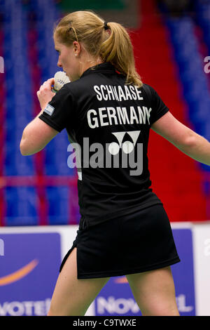 AMSTERDAM, THE NETHERLANDS, 19/02/2012. Badminton player Karin Schnaase (Germany, pictured) wins her match against Line Kjaersfeldt in the finals of the European Team Championships Badminton 2012 in Amsterdam. Stock Photo