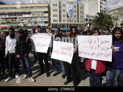 Feb. 25, 2012 - Nablus, West Bank, Palestinian Territories - Palestinians participate protest against rising prices and taxes in the city of Nablus West Bank, Saturday, Feb. 25, 2012. Photo by Wagdi Eshtayah (Credit Image: © Wagdi Eshtayah / Apaimages/APA Images/ZUMAPRESS.com) Stock Photo