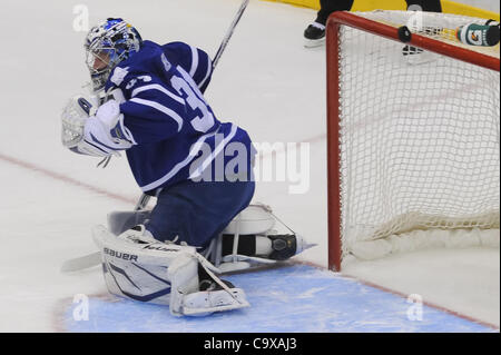 Feb. 28, 2012 - Toronto, Ontario, Canada - Toronto Maple Leafs goalie James Reimer (34) has the puck go off the top bar of the goal in 1st period action. The Florida Panthers lead the Toronto Maple Leafs 2 - 0 after one period at the Air Canada Centre. (Credit Image: © Keith Hamilton/Southcreek/ZUMA Stock Photo