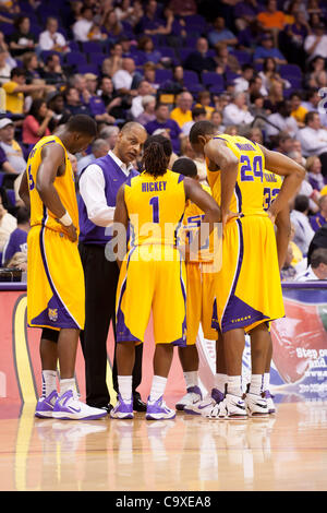 Feb. 29, 2012 - Baton Rouge, Louisiana, United States of America - LSU Tiger Head Coach Trent Johnson talks with his players during a time out. LSU leads Tennessee at the half 35-24. (Credit Image: © Joseph Bellamy/Southcreek/ZUMAPRESS.com) Stock Photo
