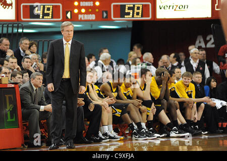 Feb. 29, 2012 - Lincoln, Nebraska, U.S - Iowa head coach Fran McCaffery and the Hawkeye bench look on late in the game as Iowa defeated Nebraska 62-53 in a game played at the Bob Devaney Sports Center in Lincoln, Nebraska. (Credit Image: © Steven Branscombe/Southcreek/ZUMApress.com) Stock Photo