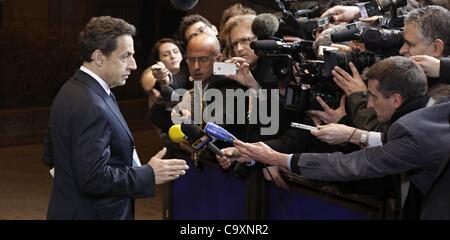 French President Nicolas Sarkozy speaks to journalists at the EU Summit in Brussels on Thursday, March 1st, 2012. (CTK Photo/Jakub Dospiva) Stock Photo