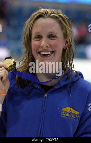 Hannah Miley (GB) with her gold medal after winning the Womens open 400m Individual Medley at the 2012 British Gas Swimming Championships (Selection trials for the Olympics) Stock Photo