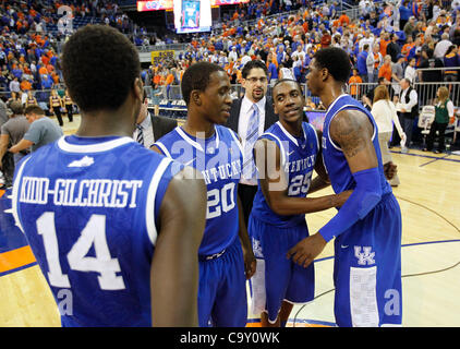 March 4, 2012 - Gainesville, KY, USA - Celebrating the win, UK players Michael Kidd-Gilchrist, Doron Lamb, Marquis Teague and Terrence Jones after the the University of Kentucky played the University of Florida in the O'Connell Center in Gainesville, Fl.,  Sunday, March 04, 2012. This is second half Stock Photo