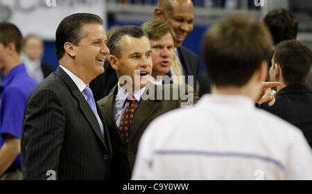 March 4, 2012 - Gainesville, KY, USA - UK Coach John Calipari and Florida Coach Billy Donovan talked before the game as the the University of Kentucky played the University of Florida in the O'Connell Center in Gainesville, Fl.,  Sunday, March 04, 2012. This is first  half men's college basketball a Stock Photo