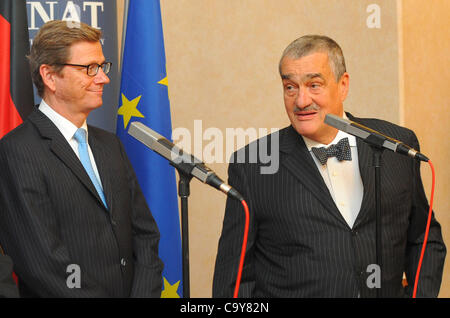 German Foreign Minister Guido Westerwelle (left) and his Czech counterpart Karel Schwarzenberg are seen during a press conference to mark the 20th anniversary of signing of the Treaty of 27 February 1992 on Good-neighbourliness and Friendly Cooperation between the Federal Republic of Germany and the