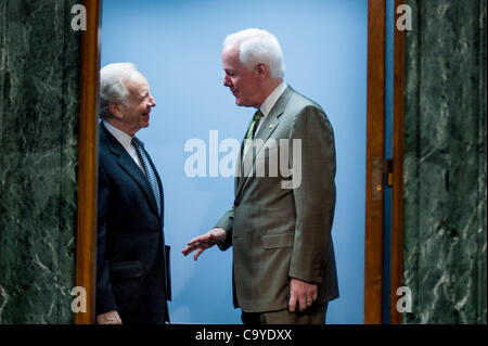 March 7, 2012 - Washington, District of Columbia, U.S. - Senator JOE LIEBERMAN (I-CT) speaks with Senator JOHN CORNYN (R-TX) before a Senate Armed Services Committee on Wednesday about the situation in Syria. (Credit Image: © Pete Marovich/ZUMAPRESS.com) Stock Photo