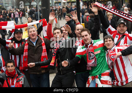 Athletic Bilbao fans enjoy Manchester city centre before their Europa League match against Manchester United at Old Trafford 08-03-2012 Stock Photo