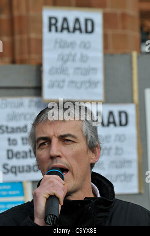 10 March 2012 - Londonderry, Northern Ireland, UK - COLM BRYCE,from RAAD Not In My Name group, speaking at a rally calling for a republican vigilante group, Republican Action Against Drugs (RAAD) to disband following punishment shootings in the Bogside on Wednesday last, death threats and the killin Stock Photo