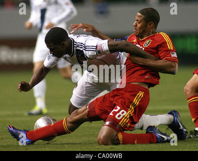 March 10, 2012 - Los Angeles, California, U.S. - Edson Buddle #14 of Los Angeles Galaxy and Chris Schuler #28 of Real Salt Lake battle for a ball during the MLS match at The Home Depot Center on March 10, 2012 in Carson, California. Real Salt Lake defeated the Galaxy 3-1. (Credit Image: © Ringo Chiu Stock Photo