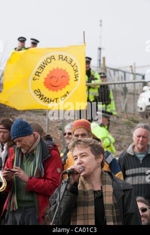 Kate Hudson of CND  talks to Protesters at a march against the building of  Hinkley C power station, Somerset  and the UK government's choice of Nuclear power as the mainstay of England's power supply. Stock Photo