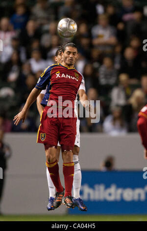 March 10, 2012 - Carson, California, U.S - Real Salt Lake forward Fabian Espindola #7 and Los Angeles Galaxy defender Sean Franklin #5 in action during the Major League Soccer game between Real Salt Lake and the Los Angeles Galaxy at the Home Depot Center. Real Salt Lake went on to defeat the Galaxy Stock Photo