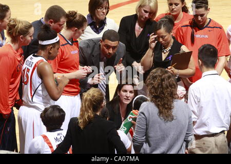 Nov. 20, 2012 - Charlottesville, Virginia, United States - Head coach Joanne Boyle of the Virginia Cavaliers talks with her players during the game on November 20, 2011 against the Tennessee Lady Volunteers at the John Paul Jones Arena in Charlottesville, Virginia. Virginia defeated Tennessee in ove Stock Photo