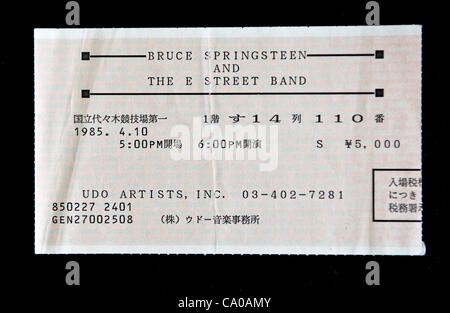 March 12, 2012 - West Long Branch, NJ, USA -  Ticket stub from a 1985 Tokyo, Japan Bruce Springsteen concert, one of the approximately 15,000 items which comprise the Bruce Springsteen Special Collection housed on the campus of Monmouth University Stock Photo