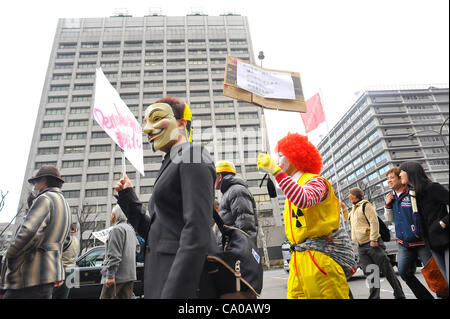 Tokyo, Japan - March 11: Hundreds of thousands of people walked in front of the building of Ministry of Economy, Trade and Industry during a demonstration against nuclear power plants at Chiyoda, Tokyo, Japan on March 11, 2012. As this day was one year anniversary of Great East Japan Earthquake and  Stock Photo