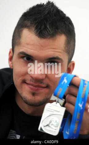 Jakub Holusa during press conference in Prague .Jakub Holusa won silver medal at Men's 800m final at the World Indoor Athletics Championships in Istanbul.Prague, Czech Republic, March 13, 2012.(CTK Photo/Katerina Sulova) Stock Photo