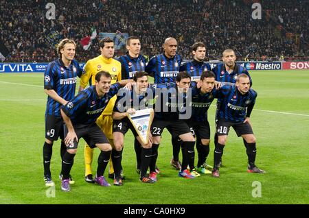 Inter team group line-up, MARCH 13, 2012 - Football / Soccer : Inter team group (L-R) Diego Forlan, Julio Cesar, Lucio, Maicon, Andrea Poli, Walter Samuel, front; Dejan Stankovic, Javier Zanetti, Diego Milito, Yuto Nagatomo, Wesley Sneijder before the UEFA Champions League Round of 16, 2nd leg match Stock Photo
