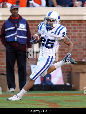 Jan. 6, 2012 - Charlottesville, Virginia, United States - Wide receiver Donovan Varner #26 of the Duke Blue Devils runs for a touchdown during the game on November 12, 2011 at Scott Stadium in Charlottesville, Virginia. Virginia defeated Duke 31-21. (Credit Image: © Andrew Shurtleff/ZUMAPRESS.com) Stock Photo