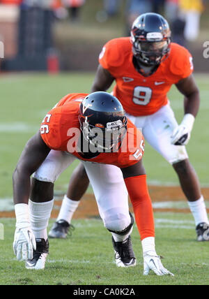 Jan. 6, 2012 - Charlottesville, Virginia, United States - Defensive end Cam Johnson #56 of the Virginia Cavaliers sets up for a play during the game against the Duke Blue Devils on November 12, 2011 at Scott Stadium in Charlottesville, Virginia. Virginia defeated Duke 31-21. (Credit Image: © Andrew  Stock Photo