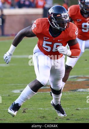 Jan. 6, 2012 - Charlottesville, Virginia, United States - Defensive end Cam Johnson #56 of the Virginia Cavaliers runs on the field during the game against the Duke Blue Devils on November 12, 2011 at Scott Stadium in Charlottesville, Virginia. Virginia defeated Duke 31-21. (Credit Image: © Andrew S Stock Photo