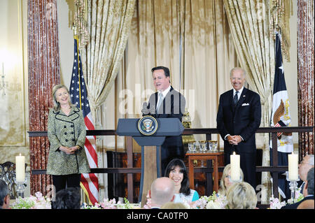 British Prime Minister David Cameron delivers remarks at a luncheon with US Vice President Joseph Biden and US Secretary of State Hillary Rodham Clinton at the US Department of State March 14, 2012 in Washington, DC Stock Photo