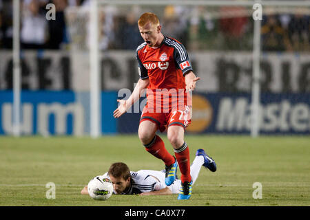 March 14, 2012 - Carson, California, U.S - Toronto FC defender Richard Eckersley #27 reacts after the whistle was blown during the CONCACAF Champions League game between Toronto FC and the Los Angeles Galaxy at the Home Depot Center. (Credit Image: © Brandon Parry/Southcreek/ZUMAPRESS.com) Stock Photo