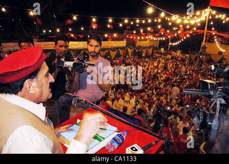 Awami National Party (ANP) leader, Senator Shahi Syed addresses to meeting held in Hyderabad on Friday, March 16, 2012. Stock Photo