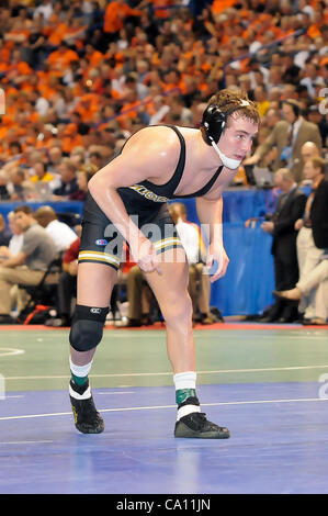 March 16, 2012 - St. Louis, Missouri, United States of America - Kyle Bradley of Missouri focuses on his opponent during sessions 3 of the wrestlebacks  of the NCAA Division 1 Wrestling Championships in St. Louis, MO. (Credit Image: © Richard Ulreich/Southcreek/ZUMApress.com) Stock Photo