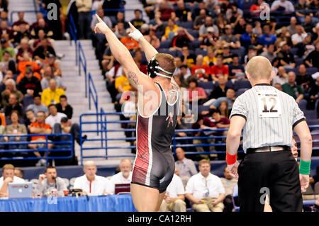 March 16, 2012 - St. Louis, Missouri, United States of America - Christopher Honeycutt of Edinboro celebrates his victory during the final four matches  of the NCAA Division 1 Wrestling Championships in St. Louis, MO. (Credit Image: © Richard Ulreich/Southcreek/ZUMApress.com) Stock Photo