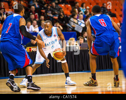 HALIFAX, NS - March 16, 2012: Halifax Rainmen guard Chris Hagan (#6) dribbles the ball en route to a Rainmen victory over the Quebec Kebs 106-95 in the decisive third game of their best-of-three National Basketball League of Canada semi-final playoff series at the Halifax Metro Centre. Hagan led all Stock Photo