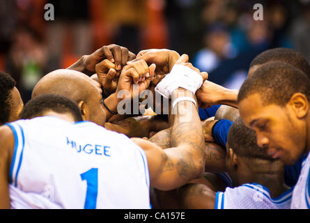 HALIFAX, NS - March 16, 2012: The Halifax Rainmen celebrate after defeating the Quebec Kebs 106-95 in the decisive third game of their best-of-three National Basketball League of Canada semi-final playoff series at the Halifax Metro Centre. With the victory, the Rainmen advance to their first-ever l Stock Photo