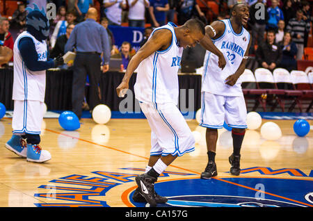 HALIFAX, NS - March 16, 2012: The Halifax Rainmen celebrate after defeating the Quebec Kebs 106-95 in the decisive third game of their best-of-three National Basketball League of Canada semi-final playoff series at the Halifax Metro Centre. With the victory, the Rainmen advance to their first-ever l Stock Photo