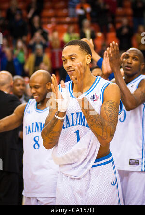 HALIFAX, NS - March 16, 2012: The Halifax Rainmen defeat the Quebec Kebs 106-95 in the decisive third game of their best-of-three National Basketball League of Canada semi-final playoff series at the Halifax Metro Centre. With the victory, the Rainmen advance to their first-ever league championship  Stock Photo