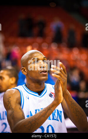 HALIFAX, NS - March 16, 2012: The Halifax Rainmen defeat the Quebec Kebs 106-95 in the decisive third game of their best-of-three National Basketball League of Canada semi-final playoff series at the Halifax Metro Centre. With the victory, the Rainmen advance to their first-ever league championship Stock Photo