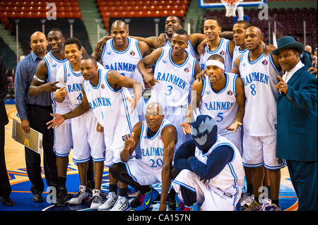 HALIFAX, NS - March 16, 2012: The Halifax Rainmen celebrate after defeating the Quebec Kebs 106-95 in the decisive third game of their best-of-three National Basketball League of Canada semi-final playoff series at the Halifax Metro Centre. Stock Photo