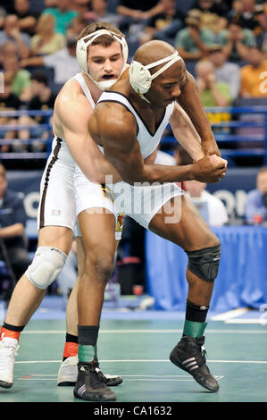 March 17, 2012 - St. Louis, Missouri, United States of America - Austin Trotman (front) of Appalachian State breaks out of the hold of Robert Hamlin (back) of Lehigh during the 184 pound 3rd place championship match of the NCAA Division 1 Wrestling Championships in St. Louis, MO.  Austin Trotman won Stock Photo