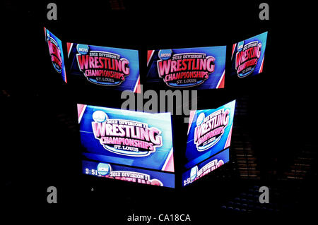 March 17, 2012 - St. Louis, Missouri, United States of America - The Scottrade jumbotron displays the nights event before things get started at the NCAA Division 1 Wrestling Championships in St. Louis, MO. (Credit Image: © Richard Ulreich/Southcreek/ZUMApress.com) Stock Photo