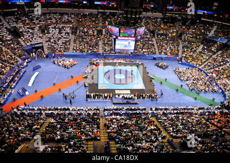 March 17, 2012 - St. Louis, Missouri, United States of America - The Championships begin with the 125 pound match underway during the NCAA Division 1 Wrestling Championships in St. Louis, MO. (Credit Image: © Richard Ulreich/Southcreek/ZUMApress.com) Stock Photo