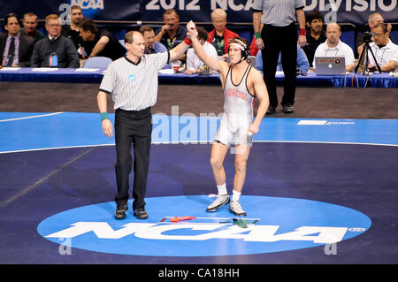 March 17, 2012 - St. Louis, Missouri, United States of America - Logan Stieber gets his hand raised in victory during a championship match of the NCAA Division 1 Wrestling Championships in St. Louis, MO.  won to become the NCAA Division 1 Champion in the 133 pound division. (Credit Image: © Richard  Stock Photo
