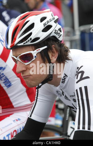 GIRONA, SPAIN, 20 March, 2012. British cyclist Bradley Wiggins of Team Sky at the start of the Tour of Catalonia. Stock Photo