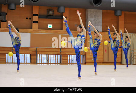 Japan National Team, MARCH 23, 2012 - Rhythmic Gymnastics : Japanese Rhythmic Gymnastics Team 'FAIRY JAPAN POLA' open the practice for press at Japan Sports Institute of Science in Itabashi, Japan. (Photo by Atsushi Tomura /AFLO SPORT) [1035] Stock Photo