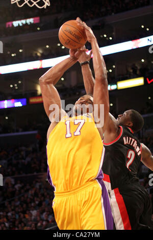 May 23, 2012 - Los Angeles, California, U.S - Andrew Bynum of the Los Angeles Lakers is blocked by  Wesley Matthews of the Trail Blazers at the Staples Center  in Los Angeles, California on Friday, March 23, 2012. (Credit Image: © Burt Harris/Prensa Internacional/ZUMAPRESS.com) Stock Photo