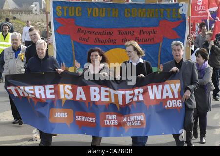 Troon, UK. 24/3/12   'Youth Fight for Jobs' protest march organised by the Scottish Trades Union Congress demonstrate in protest against the Conservative Government who are holding their Scottish Party Conference in the town.  The protest is against the UK governments cuts and youth unemployment Stock Photo