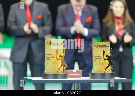 ZURICH, SWITZERLAND-MARCH 24: Trophy Ceremony for Carlos Moya and Stefan Edberg at BNP Paribas Open Champions Tour  in Zurich, SUI on March 24, 2012.  Moya won for medical reasons. Stock Photo