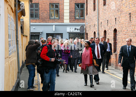 March Monday 26, 2012 – Elsinore, Denmark. Prince Charles and the Duchess of Cornwall on official visit to Denmark. Here on their way through the historic streets of Elsinore to the former Carmelite Monastery and St Mariae Church. Stock Photo